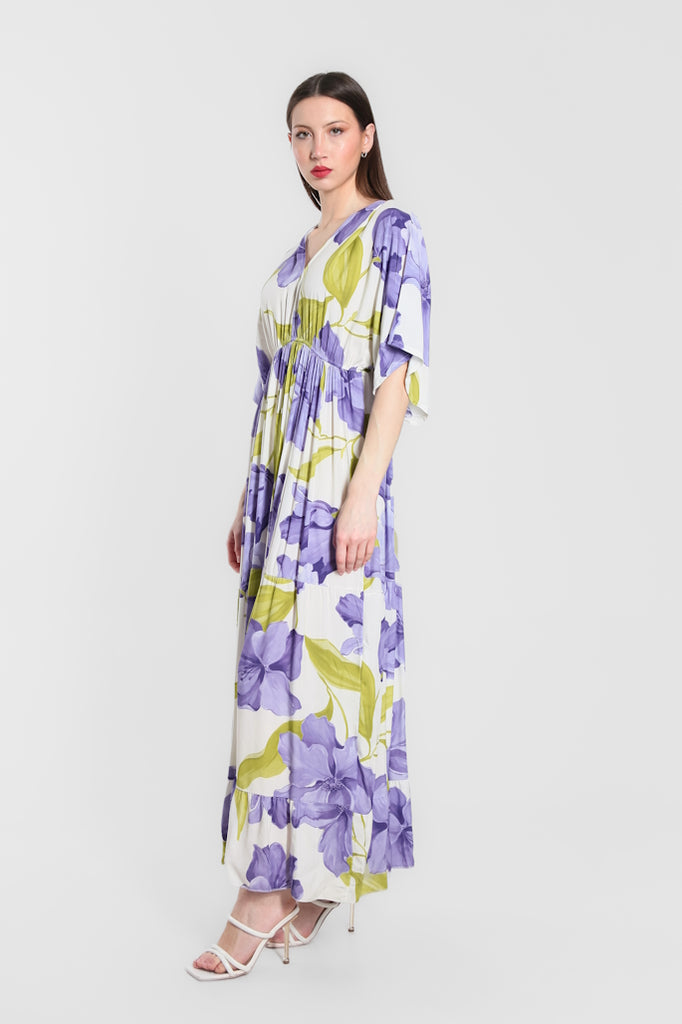 DQ209R-437 Periwinkle Iris Sandra 3/4 Sleeve Viscose  Maxi Dress