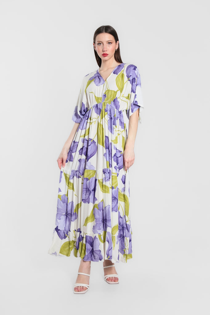 DQ209R-437 Periwinkle Iris Sandra 3/4 Sleeve Viscose  Maxi Dress