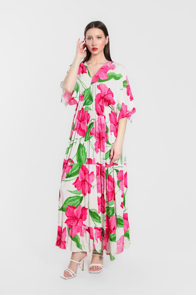 DQ209R-672 Fuchsia Iris Sandra 3/4 Sleeve Viscose  Maxi Dress