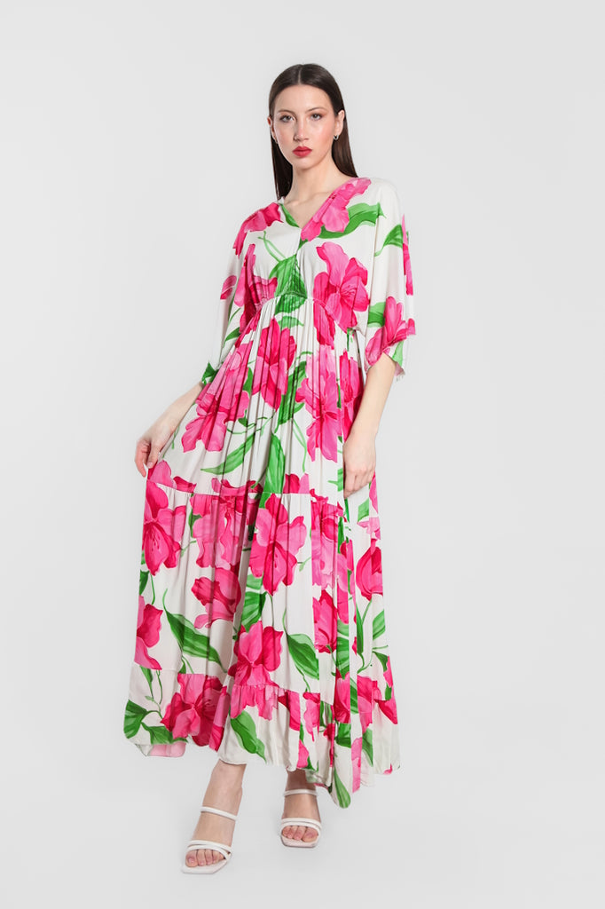 DQ209R-672 Fuchsia Iris Sandra 3/4 Sleeve Viscose  Maxi Dress