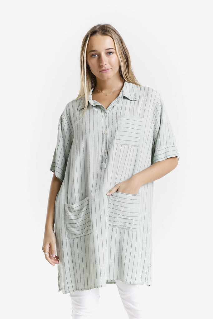 DQ212 308 Army Enzyme Barbara Elbow Slv Linen Blend Shirt Dress