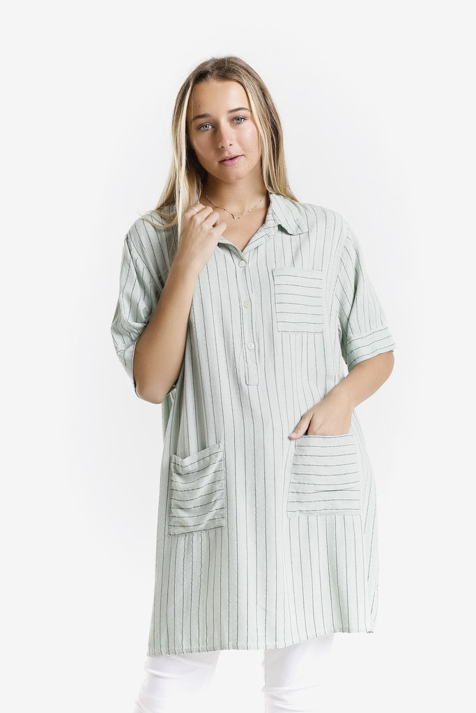 DQ212 308 Army Enzyme Barbara Elbow Slv Linen Blend Shirt Dress