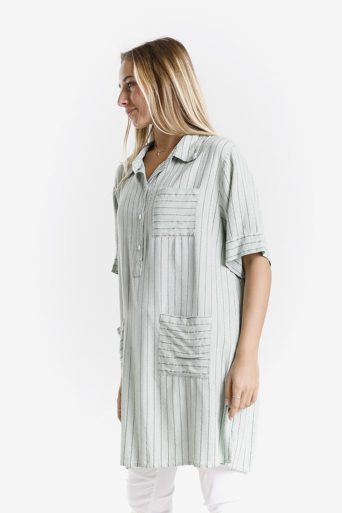 DQ212 308 Army Enzyme Barbara Elbow Slv Linen Blend Shirt Dress