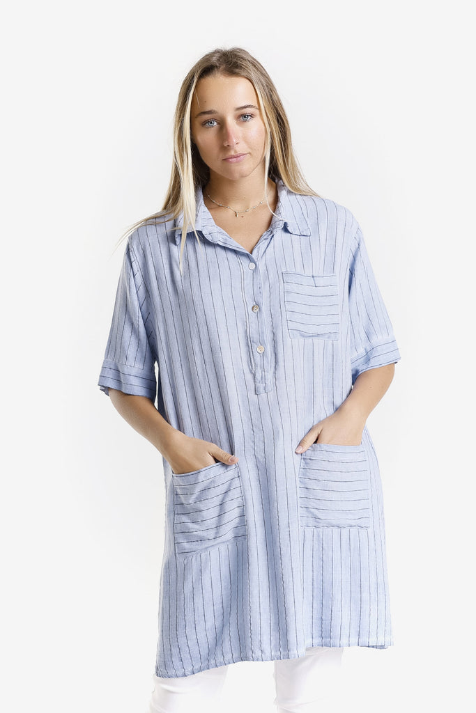 DQ212 429 Jeans Enzyme Barbara Elbow Slv Linen Blend Shirt Dress