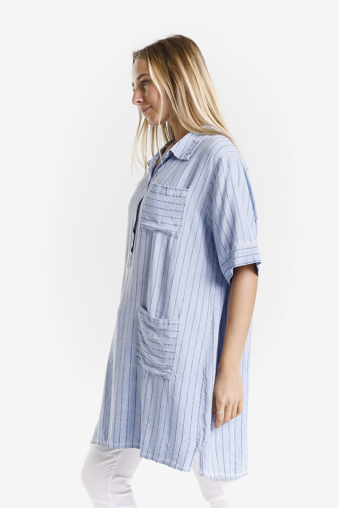 DQ212 429 Jeans Enzyme Barbara Elbow Slv Linen Blend Shirt Dress