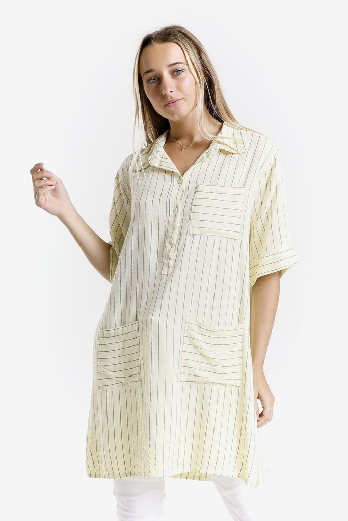 DQ212 730 Yellow Enzyme Barbara Elbow Slv Linen Blend Shirt Dress