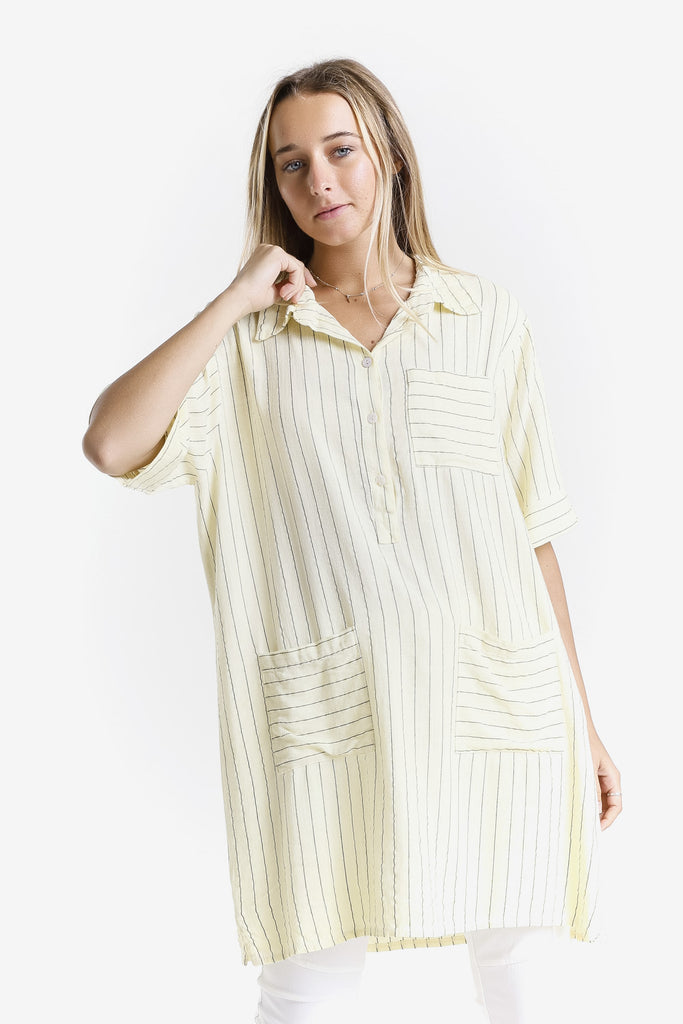 DQ212 730 Yellow Enzyme Barbara Elbow Slv Linen Blend Shirt Dress