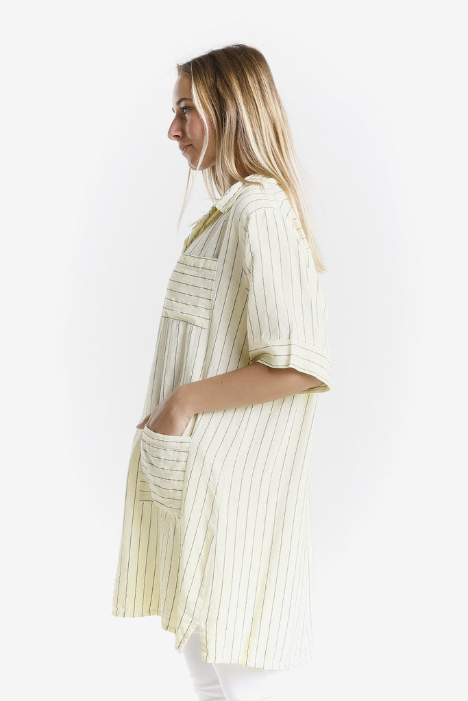 DQ212 730 Yellow Enzyme Barbara Elbow Slv Linen Blend Shirt Dress