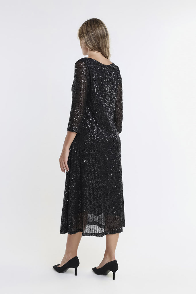 DQ501 001 Black Paisly 3/4 Slv V-Neck Sequin Dress-Back