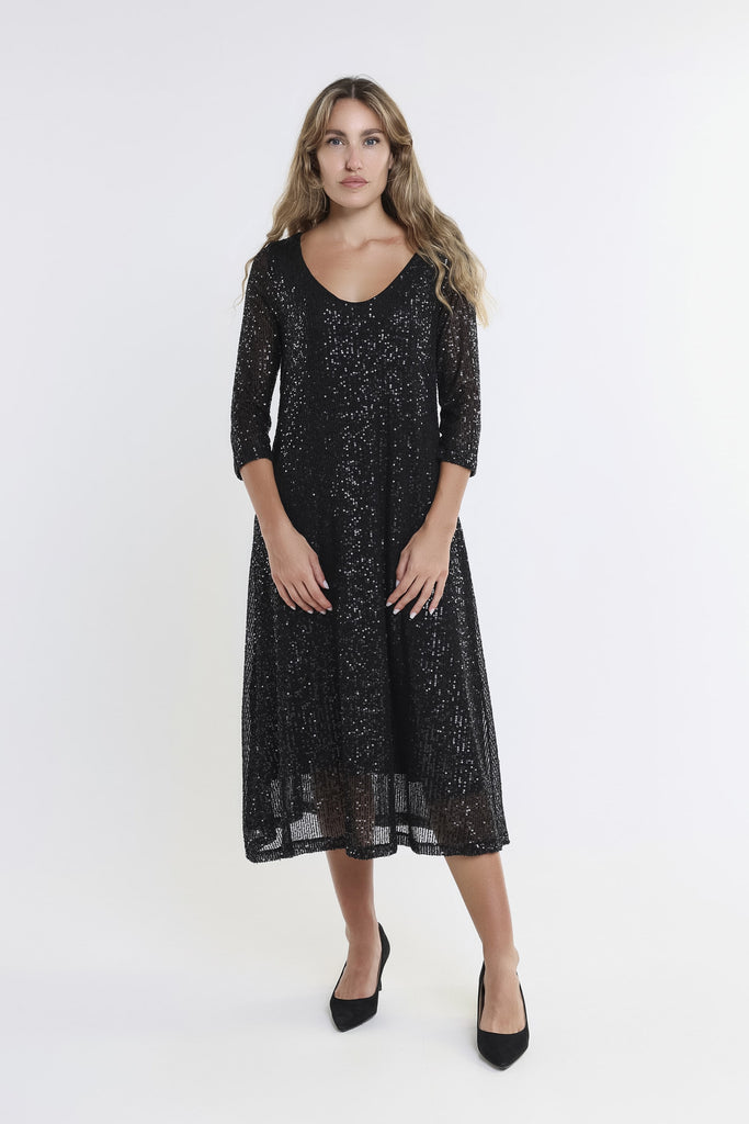 DQ501 001 Black Paisly 3/4 Slv V-Neck Sequin Dress-Front2