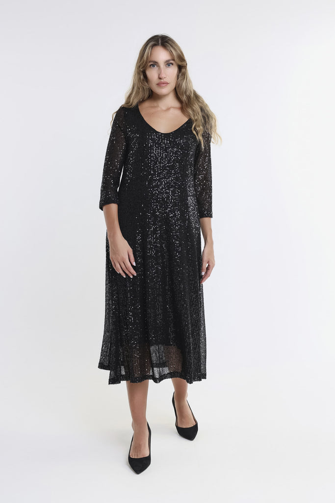 DQ501 001 Black Paisly 3/4 Slv V-Neck Sequin Dress Front