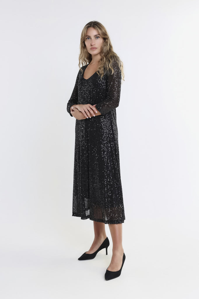 DQ501 001 Black Paisly 3/4 Slv V-Neck Sequin Dress-Side