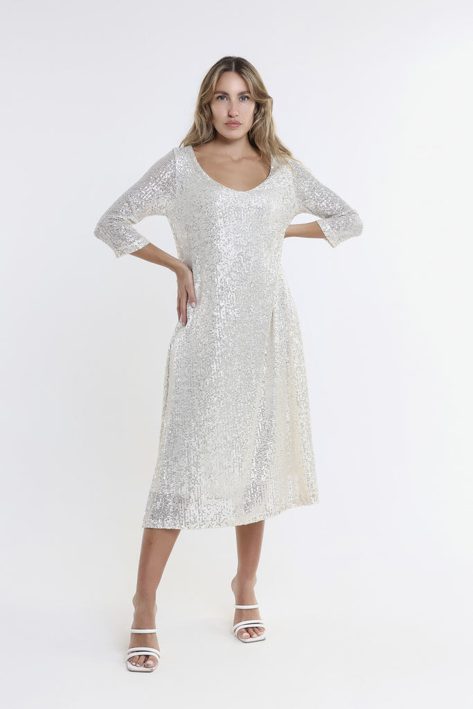 DQ501 057 Silver Paisly 3/4 Slv V-Neck Sequin Dress-Front2