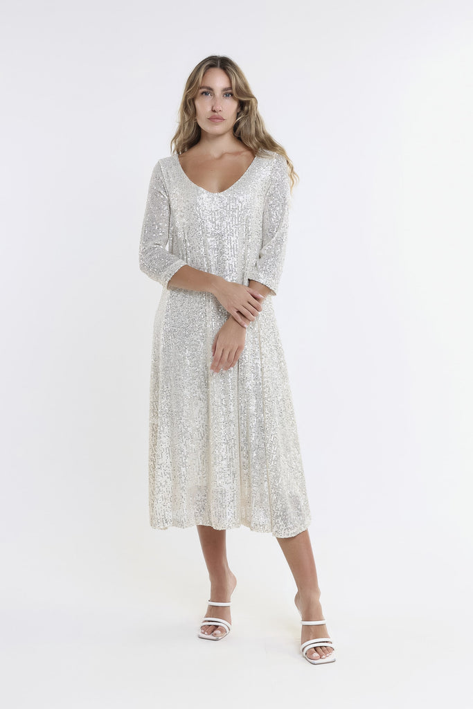 DQ501 057 Silver Paisly 3/4 Slv V-Neck Sequin Dress-Front