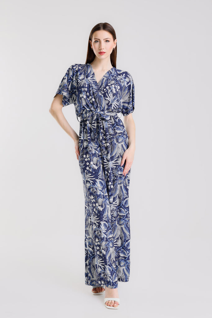DSS202T 409 Navy Tropical Rebecca SS Surplice Jumpsuit