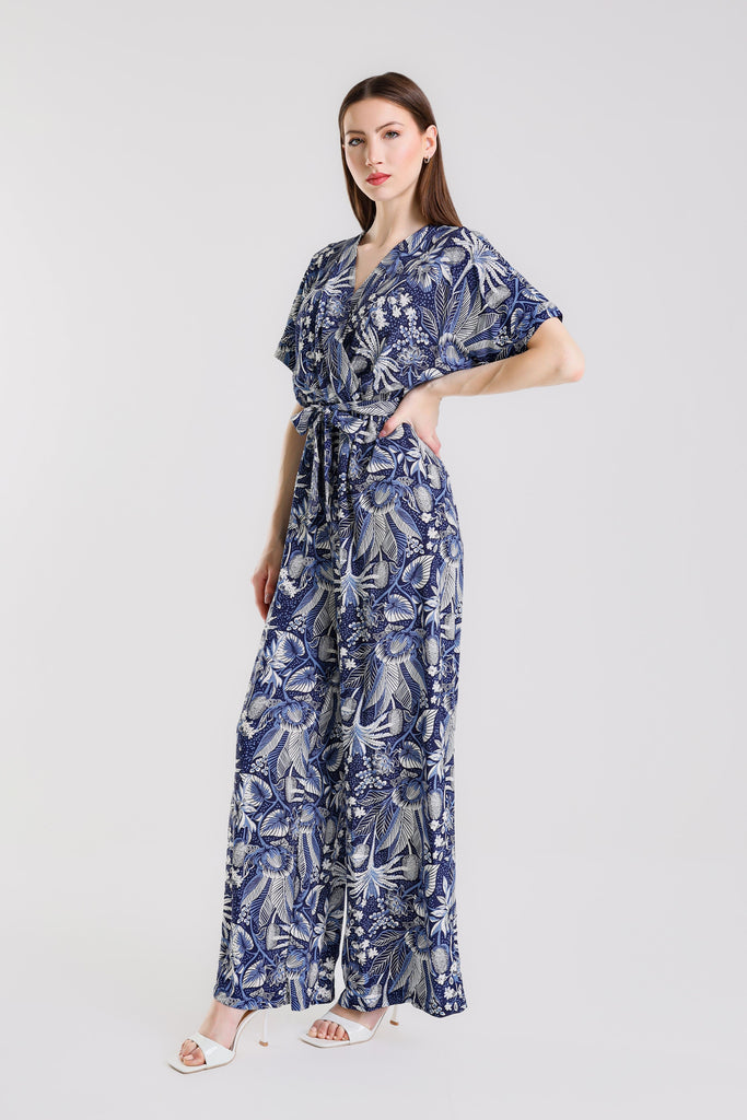 DSS202T 409 Navy Tropical Rebecca SS Surplice Jumpsuit