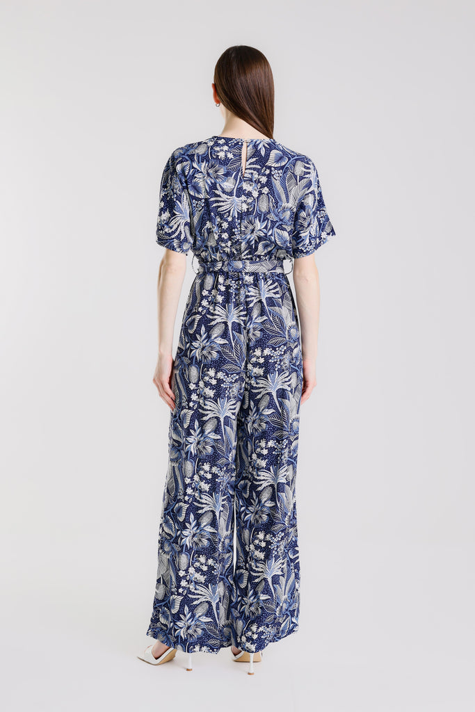 DSS202T 409 Navy Tropical Rebecca SS Surplice Jumpsuit