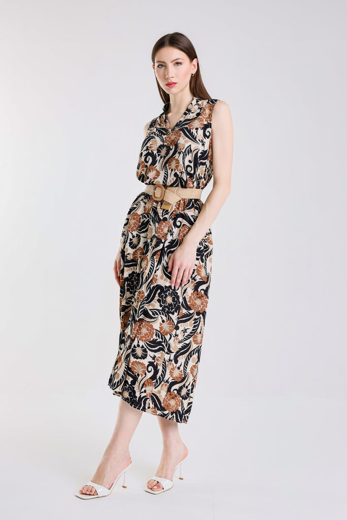 DSS205F 001 Black Flowers & Leaves Shellie SS Round Neck Dress