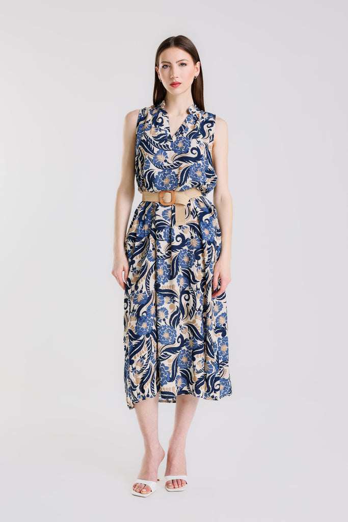 DSS205F 409 Navy Flowers & Leaves Shellie SS Round Neck Dress