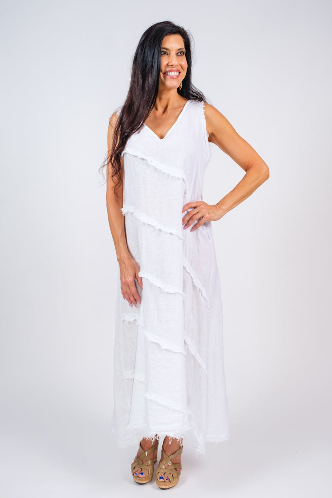 DT122-100 White Wanita Diagonal Raw Edge Linen Dress