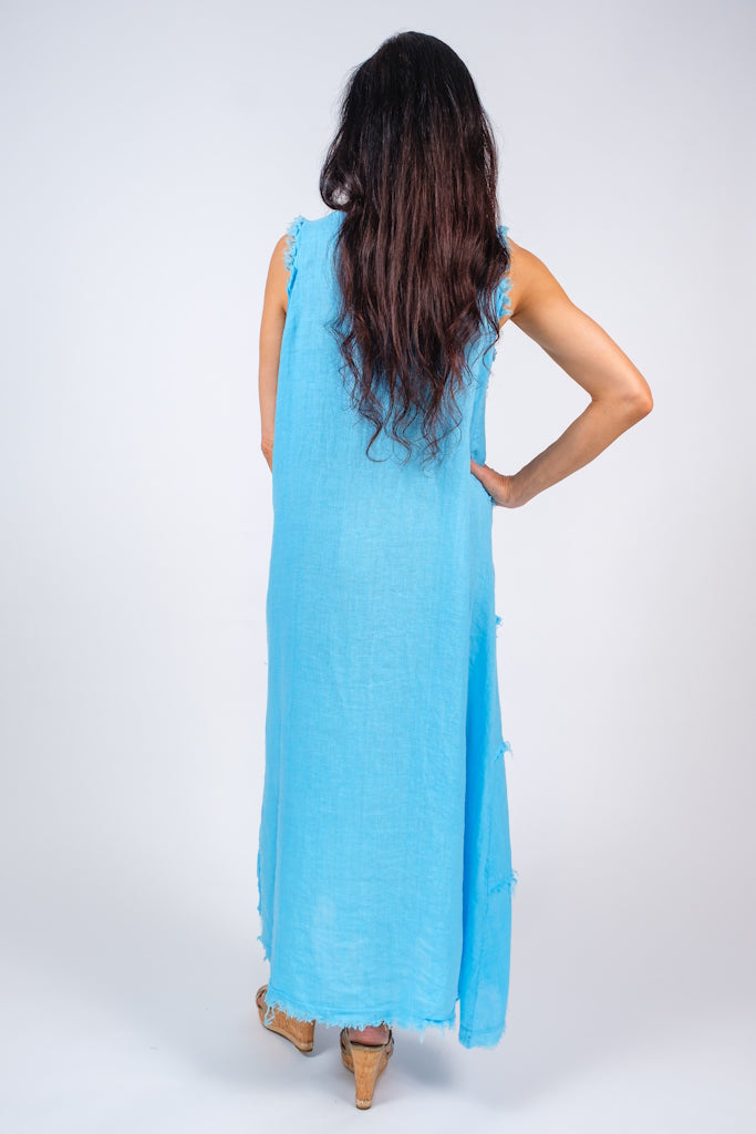 DT122-440 Turq Wanita Diagonal Raw Edge Linen Dress