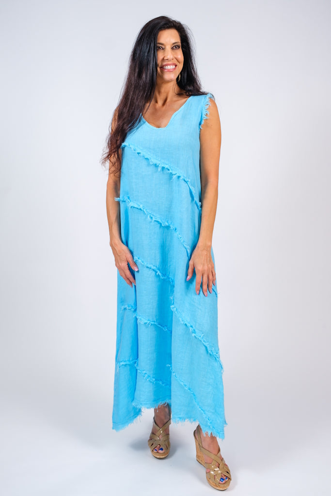 DT122-440 Turq Wanita Diagonal Raw Edge Linen Dress