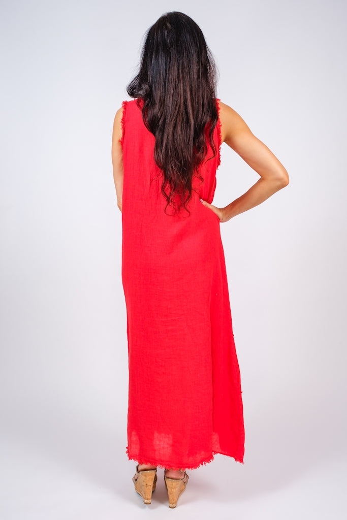 DT122-820 Poppy Wanita Diagonal Raw Edge Linen Dress