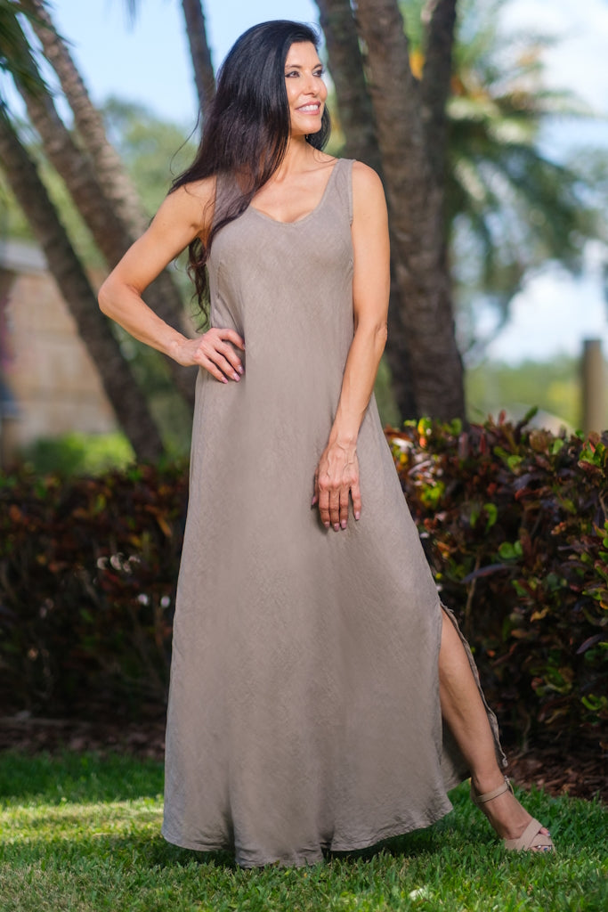 DT125-210 Taupe Victory Long Linen Tank Dress