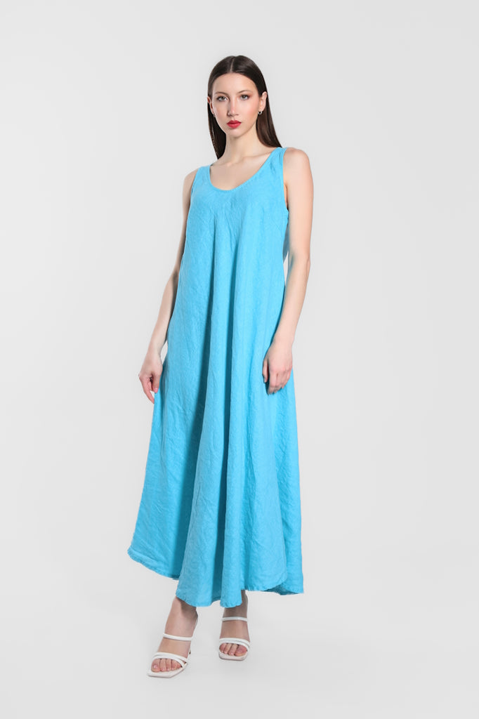 DT125-440 Turq Victory Long Linen Tank Dress