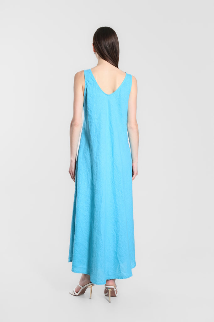 DT125-440 Turq Victory Long Linen Tank Dress