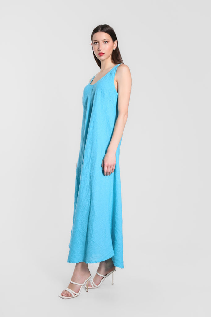 DT125-440 Turq Victory Long Linen Tank Dress