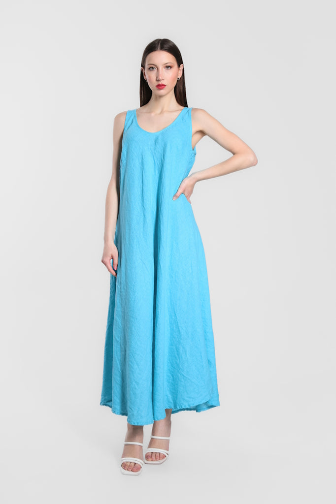 DT125-440 Turq Victory Long Linen Tank Dress