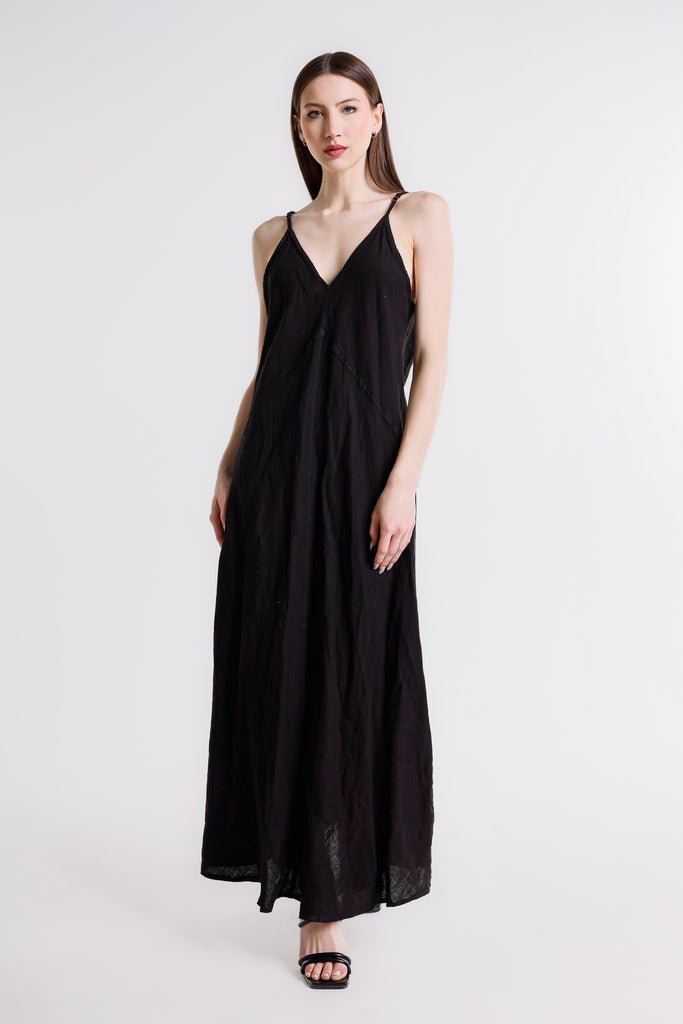 DT128 001 Black Hazel Thin Strap Long Linen Dress