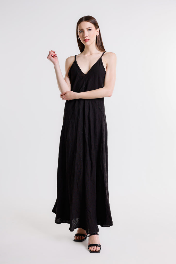 DT128 001 Black Hazel Thin Strap Long Linen Dress