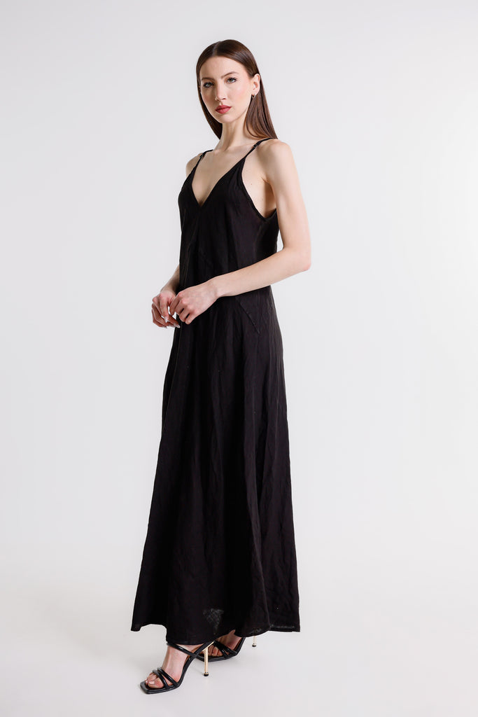 DT128 001 Black Hazel Thin Strap Long Linen Dress