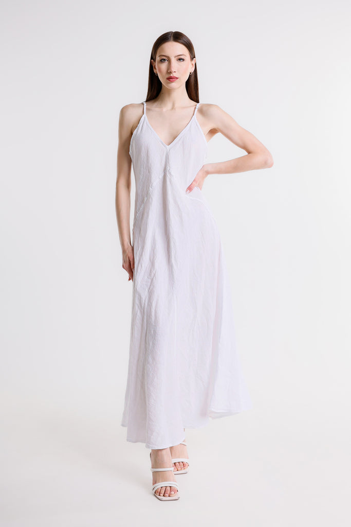 DT128 100 White Hazel Thin Strap Long Linen Dress