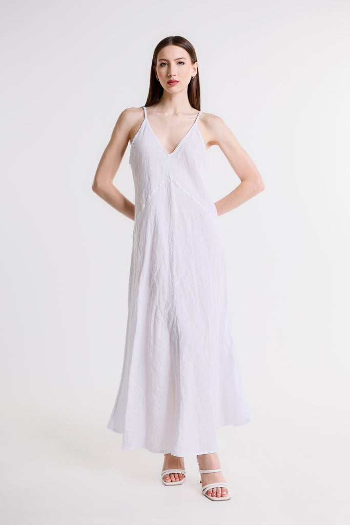 DT128 100 White Hazel Thin Strap Long Linen Dress