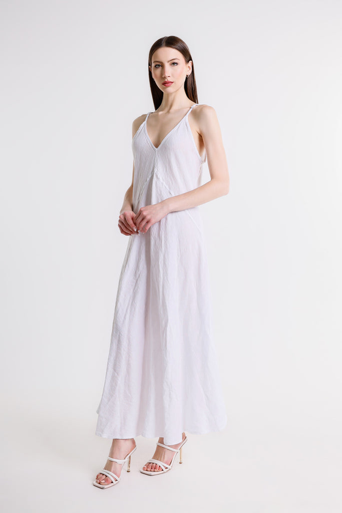 DT128 100 White Hazel Thin Strap Long Linen Dress