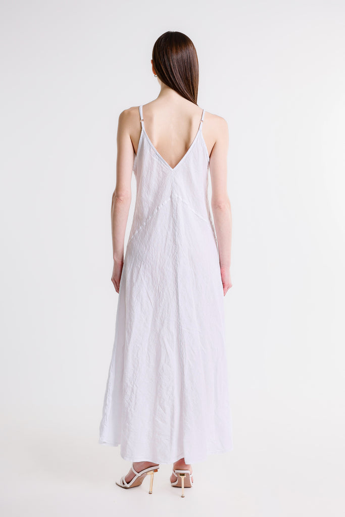 DT128 100 White Hazel Thin Strap Long Linen Dress
