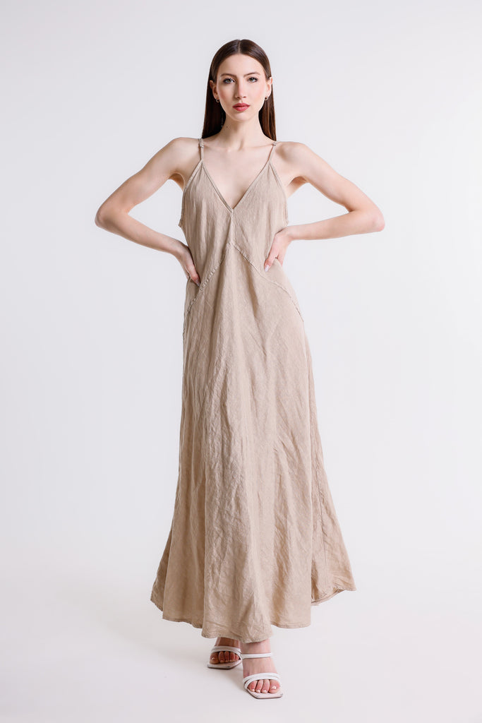 DT128 286 Cashmere Hazel Thin Strap Long Linen Dress