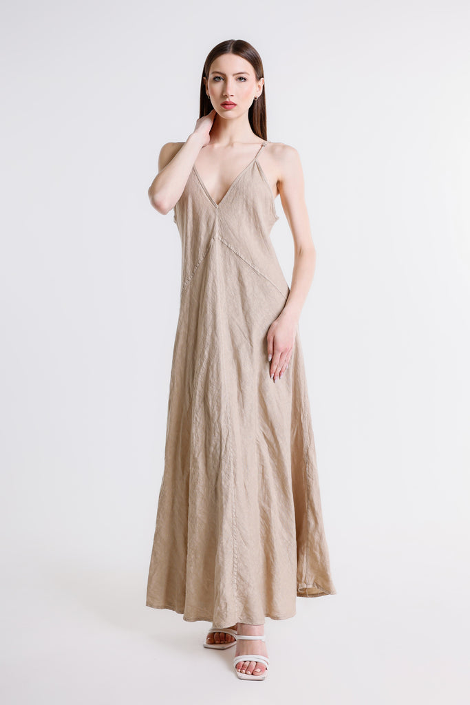 DT128 286 Cashmere Hazel Thin Strap Long Linen Dress