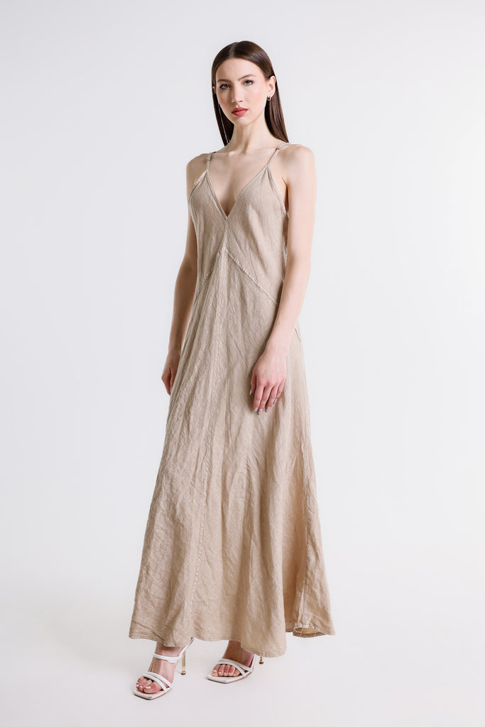 DT128 286 Cashmere Hazel Thin Strap Long Linen Dress