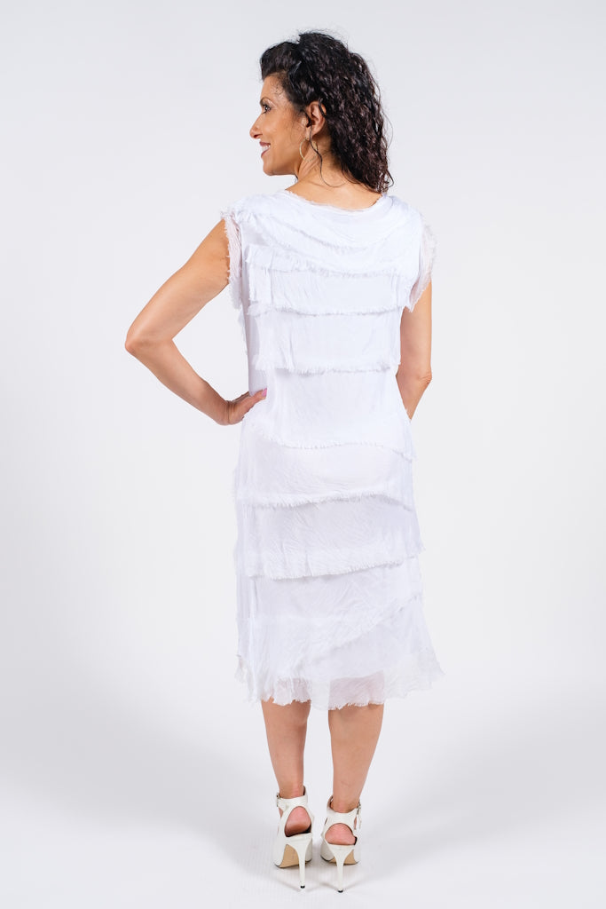 DT202-001 White Mariana Sleeveless Silk Ruffle Dress