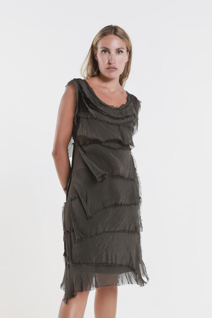 DT202 202 Espresso Mariana Slvless Silk Ruffle Dress - Knee Length Front
