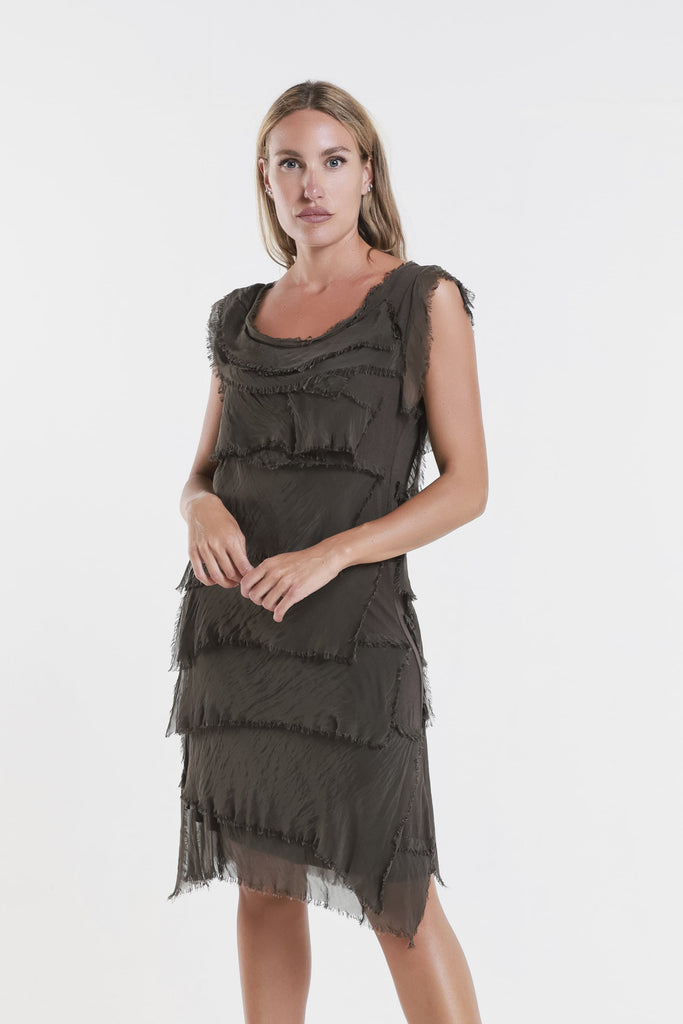 DT202 202 Espresso Mariana Slvless Silk Ruffle Dress - Knee Length Front 2
