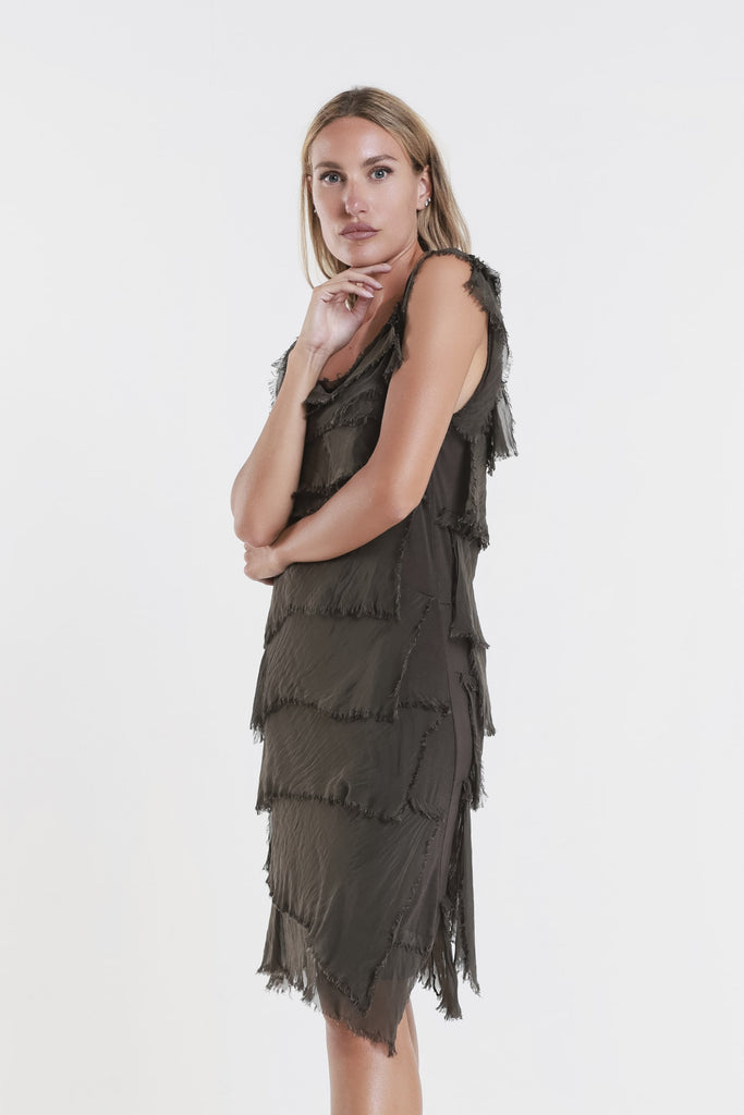 DT202 202 Espresso Mariana Slvless Silk Ruffle Dress - Knee Length Side