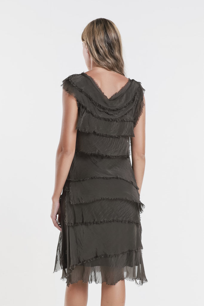 DT202 202 Espresso Mariana Slvless Silk Ruffle Dress - Knee Length Back