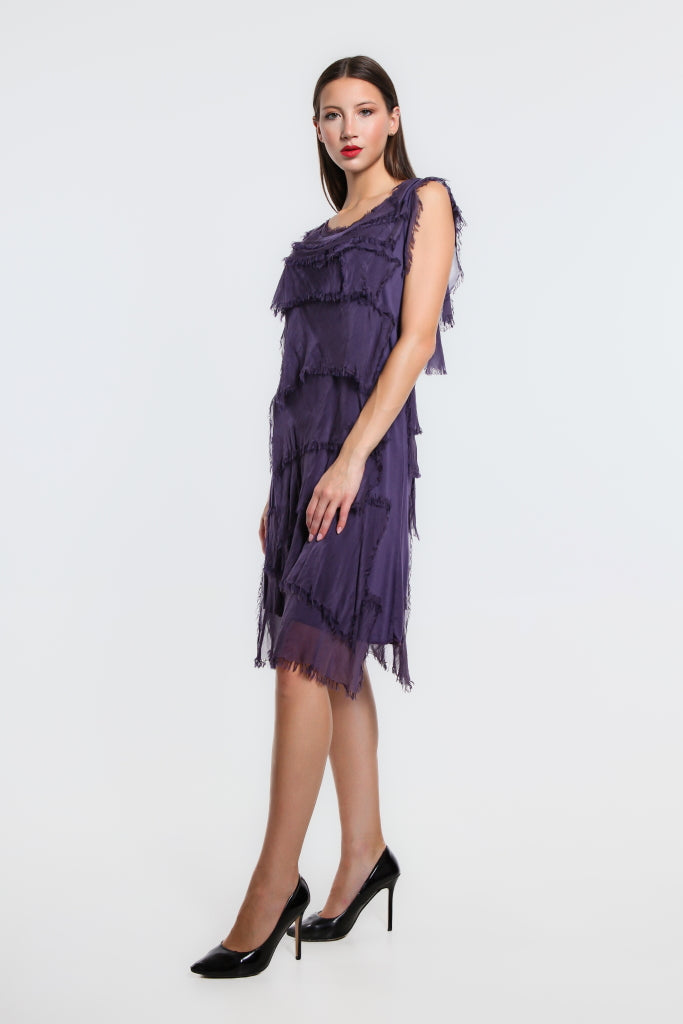 DT202-506 Plum Mariana Sleeveless Silk Ruffle Dress