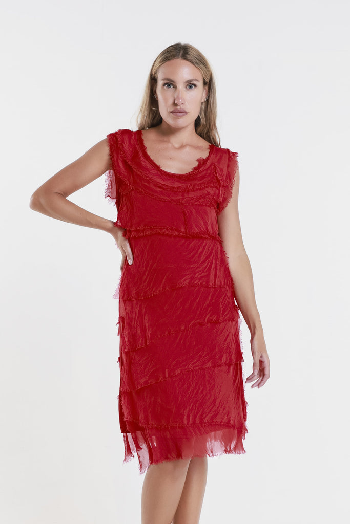 DT202 600 Red Mariana Slvless Silk Ruffle Dress - Knee Length Front