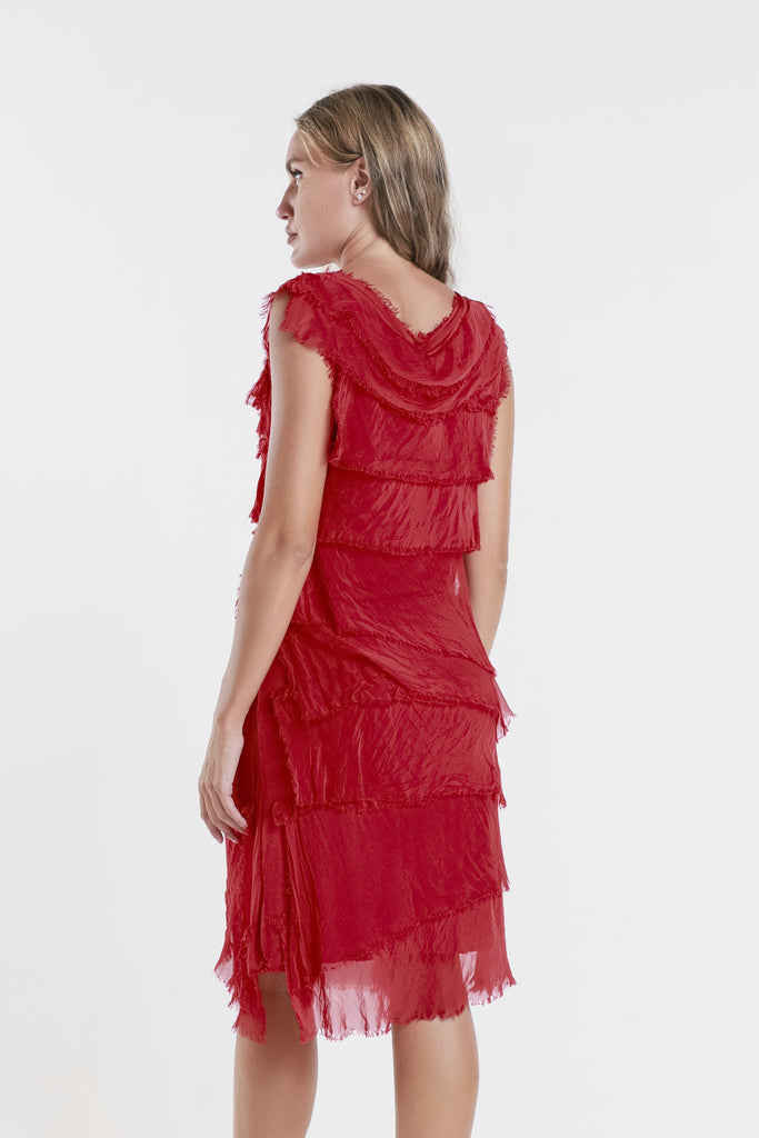 DT202 600 Red Mariana Slvless Silk Ruffle Dress - Knee Length Back